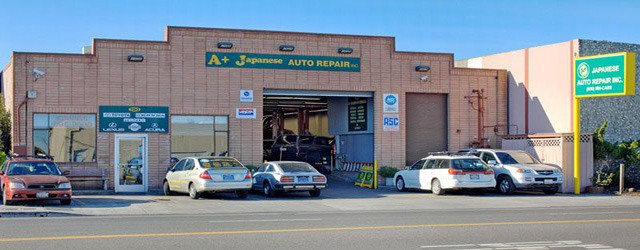 The storefront of A+ Japanese Auto Repair in San Carlos, CA
