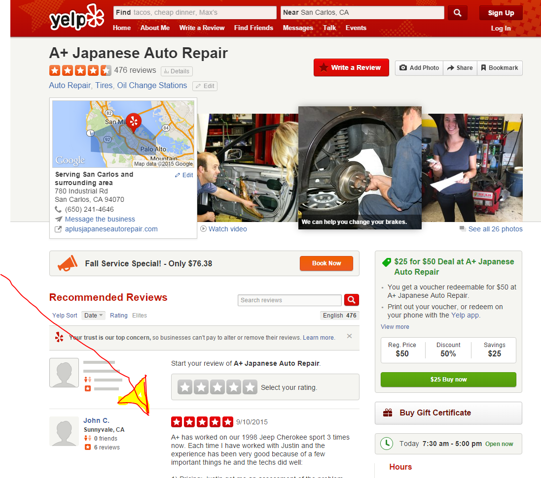 San Carlos Auto Repair Shop 5 Star Yelp Rating